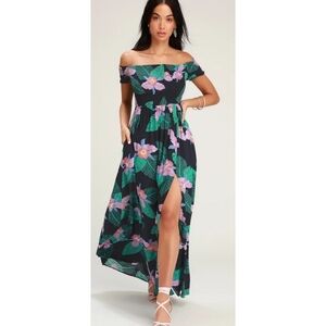 Lulus Patsy Navy Blue Floral Print Off the Shoulder dress Size M